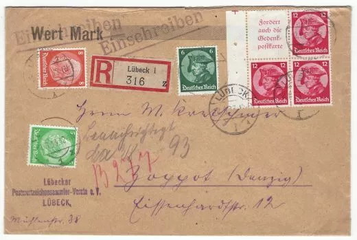 Deutsches Reich 1933 MiNr. 75 B Zd. W45 K18 Auslandsbrief Einschreiben