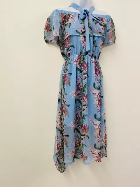 Blue Floral Midi Dress Long Vintage Retro Size 10 Off Shoulder Summer Floaty