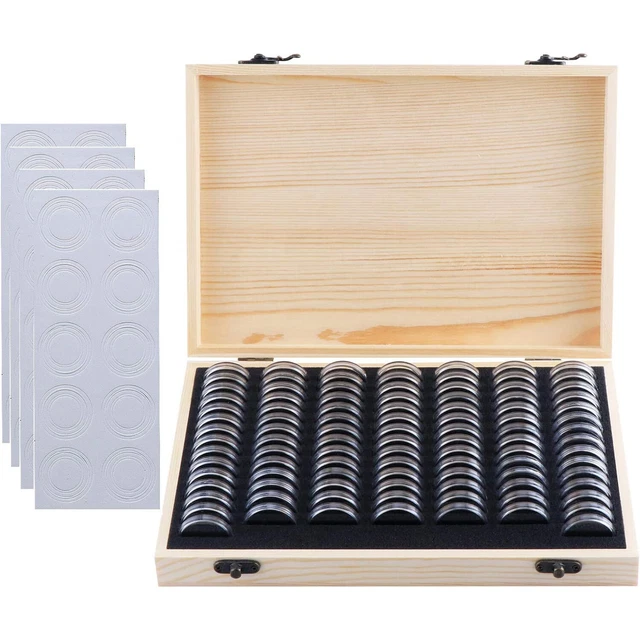 100PCS Coin Holder Wooden Coin Collection Storage Box Case Round Organizer Clear