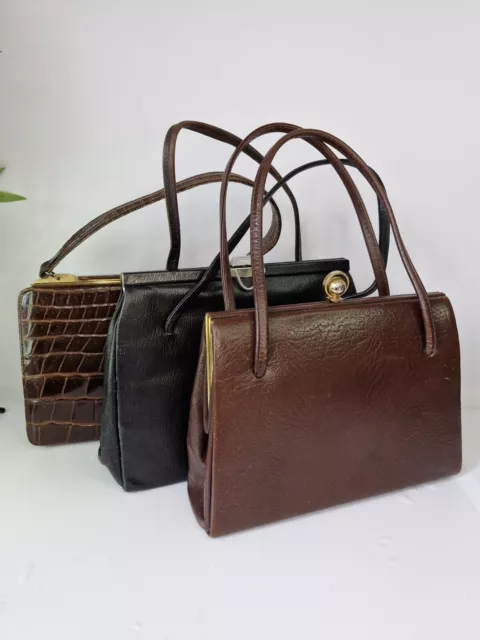 Vintage Clip Top Leather Handbag Bundle  Made in England x3 40's 50's 60's