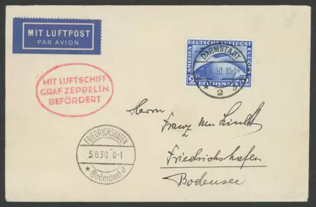 Deutsches Reich Nr. 438 Y Zeppelin Brief Fahrt nach Darmstadt 1930 m. 2 Mark SAF