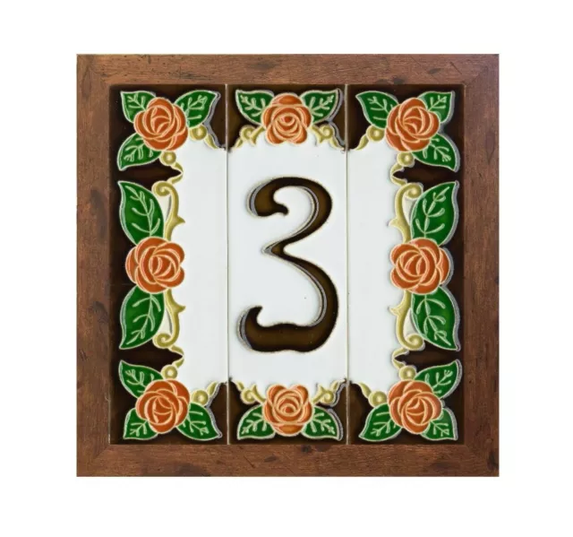 Italian 10cm x 3.4 cm Handmade Orange Rose Ceramic House Number Tiles and Frames
