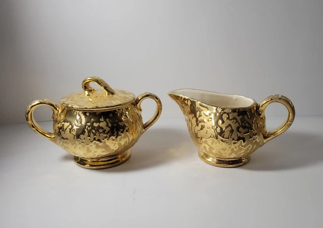 Vintage McCoy Pottery Weeping Gold Sugar Bowl and Creamer (1950’s McCoy) 24k