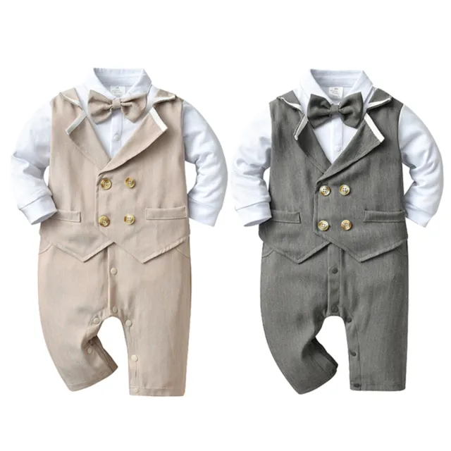 Baby Boys Gentleman Fake Three-piece Bodysuit Bow Tie Vest Toddler Party Outfit