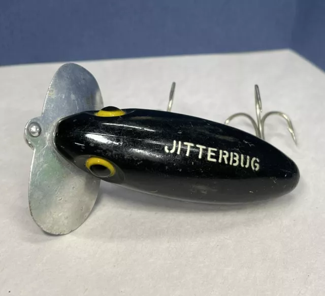 Vintage Fred Arbogast Jitterbug Fishing Lure - Silver Yellow - VG Loose Bill