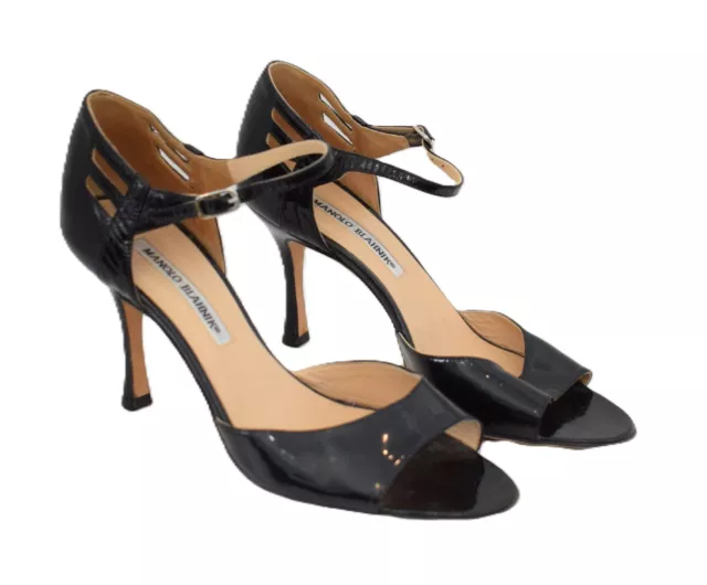 Manolo Blahnik Black Strappy Open Toe Patent Leather Heels Size 37.5