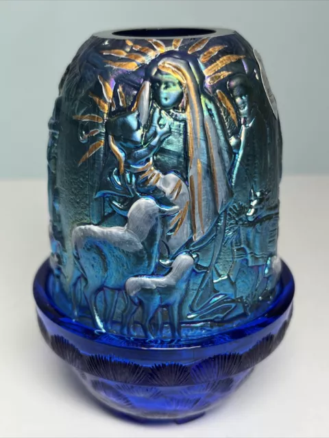 Fenton Carnival Glass Nativity Fairy Lamp Hand Painted Signed Iridescent Blue