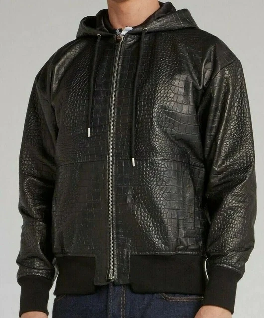 Luxe Leather Genuine Crocodile Printed Lambskin Hooded leather jacket for men's