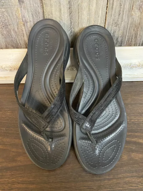 Crocs Flip Flops Women’s Size W 10 Dual Comfort Black Sequins