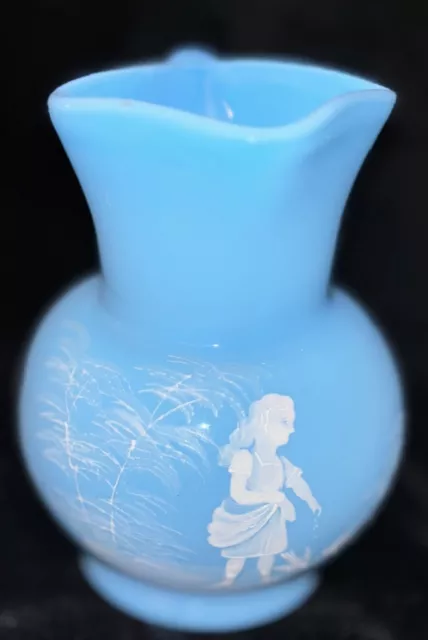 Mary Gregory Glass Blue Opaque 4.5" Pitcher With Girl Feeding Birds Square Top