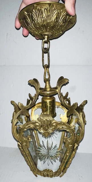 Vintage Ornate Solid Brass And Cut Glass Heavy Ceiling Hanging Light 16”
