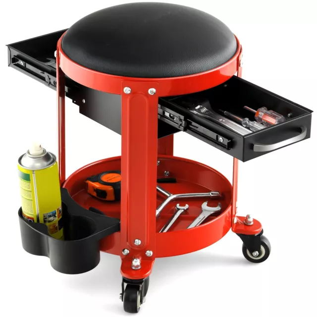 Rolling Workshop Creeper Seat Mechanic Stool W/ Removable Padded Seat 2 Drawers