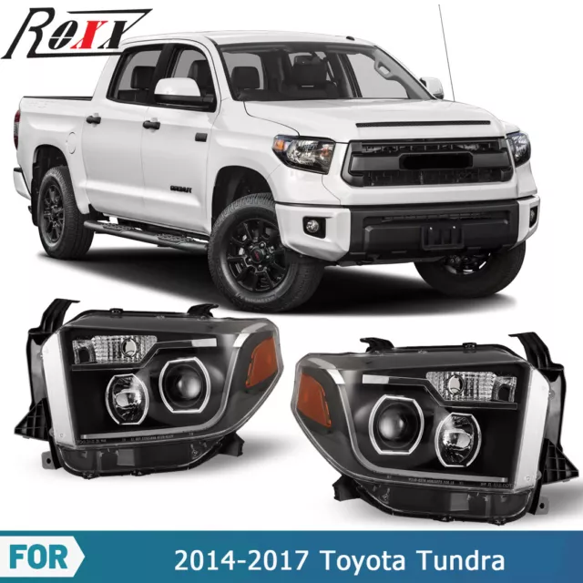 Black Headlights For 2014-2021 Toyota Tundra Projector LED DRL Headlamps Set