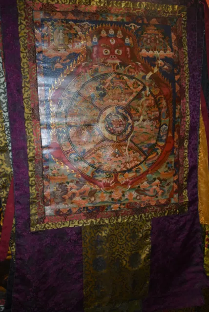 S.gr.Thangka,Tibet,Mahakala mit Lebensrad,s.f.24KTGoldmin.mal.,Drachen150x102cm