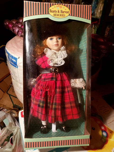 Hearts And Harvest Memories Porcelain Doll With Red Dress Stand Included. New