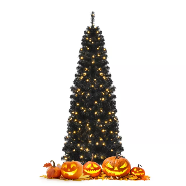 Costway 6' Pre-lit PVC Christmas Halloween Pencil Tree Black w/ 300 LED Lights