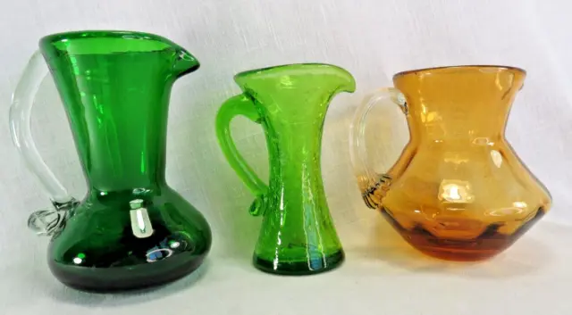 Art Glass Lot of 3  Mini Pitchers Hand Blown Green & Gold Crackle Vintage
