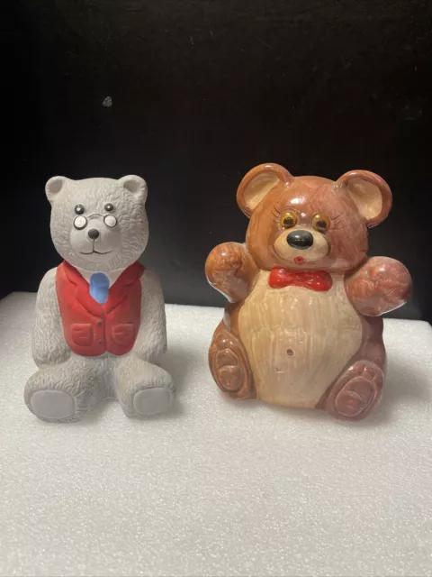 Lot Of 2 Adorable, Vintage Ceramic Teddy Bear Coin / Piggy Bank Children's