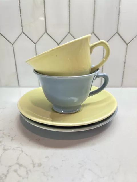 2 Sets Vintage Teacups And Saucers Lu-Ray Pastels, Blue And Yellow