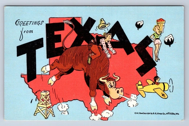 Vintage Greetings From Texas Cartoon Bull, Airplane, Oil Rig  Postcard Fm