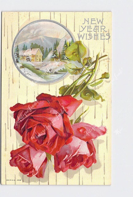 PPC Postcard New Year Wishes Roses Snow Covered Mill Embossed