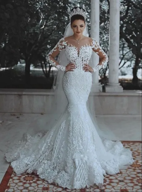 White Mermaid Wedding Dress Long Sleeves V Neck Lace Bridal Gowns-WD80