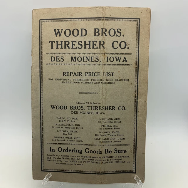 VINTAGE WOOD BROTHERS Thresher Company Repair Price ListDes Moines