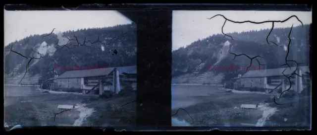 Ferme France c1912 Photo NEGATIVE Plaque de verre Abimée Stereo Vintage V33L20n