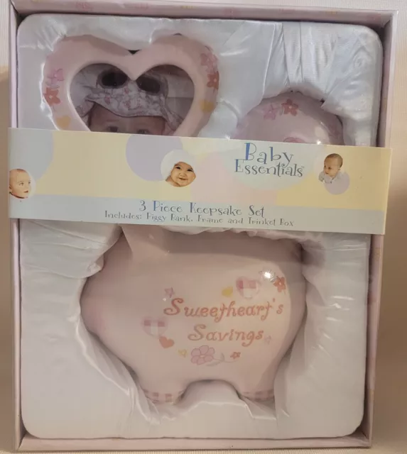 Baby Essentials 3 Piece Ceramic Keepsake Set-Piggy Bank, Frame, Trinket Box Girl