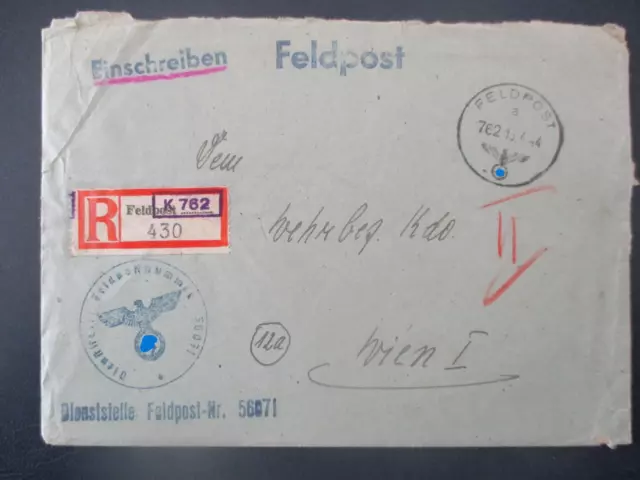 (X1515) Feldpost Umschlag Kenn-Nr. 762 FP-Nr. 56071 an Wehrbez.Kdo Wien 1944