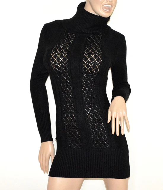 MINI ABITO MAXI PULL NERO donna vestito collo alto dolcevita manica lunga G10