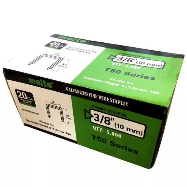meite T50/A11 Type 20GA 3/8" 10.5mm Crown 3/8" Long Heavy Duty Staples 5000/Box