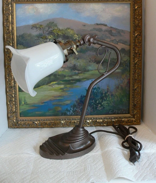 ANTIQUE EAGLE ART Deco gooseneck desk lamp cast Iron w/ milk shade