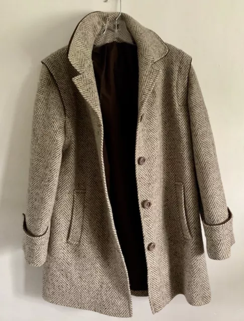 Beige & Brown Herringbone Tweed Long Sleeves Wool Tailored Jacket Blazer  Size:m 2