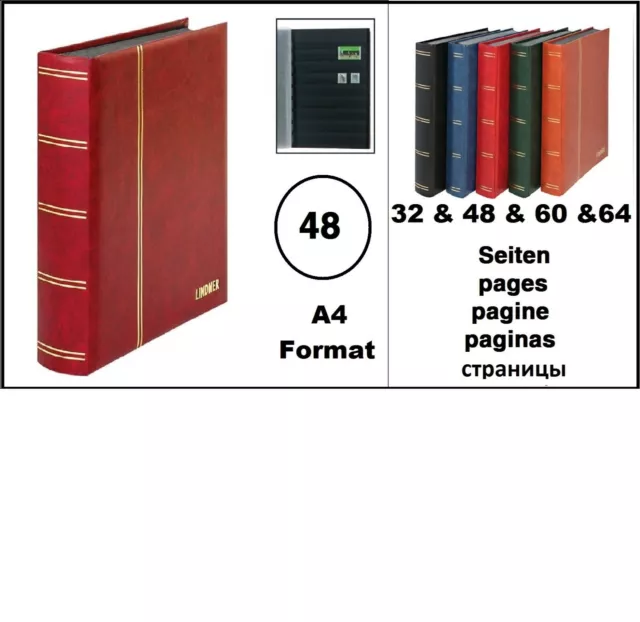 Lindner 1169-R Stamp Album Stockbook Standard Wine Red 48 Black Pages