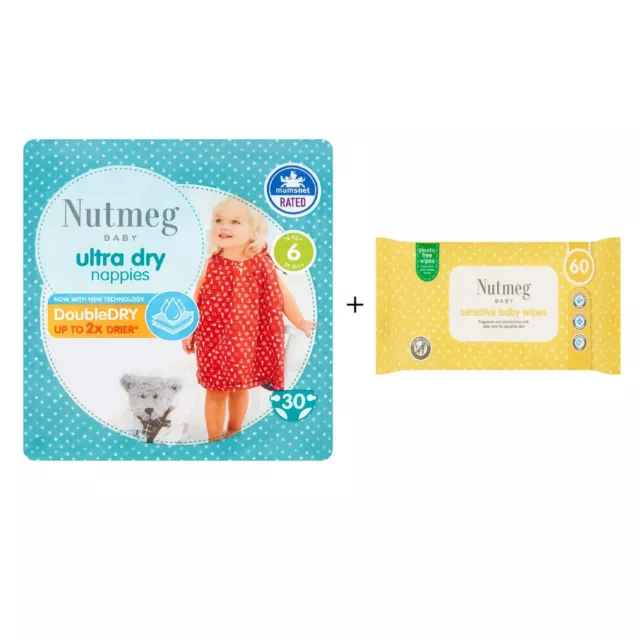 Nutmeg Size 6 Nappies 30 Pack + Fragrance Free Sensitive Wipes 60 Pack