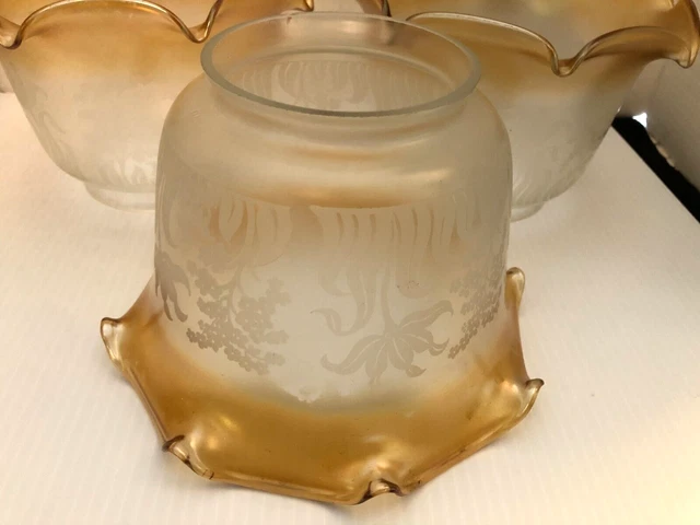 Antique French Vianne Art Deco Etched Glass Lamp Chandelier Shades, Set of 3 Antique French Vianne Art Deco Etched Glass Lamp Chandelier Shades, Set of 3