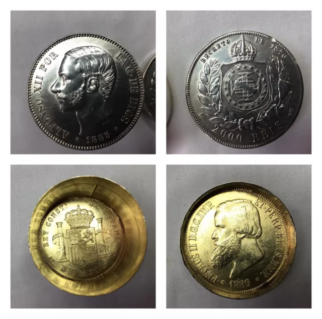 Unusual Solid Silver 1870 Portuguese 2000 Reis & 1885 Spanish 5 Pesetas Coin Box