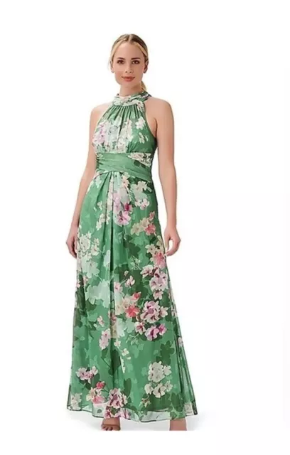 Adrianna Papell Floral Printed Chiffon Long Halter Gown in Green Multi Size 14
