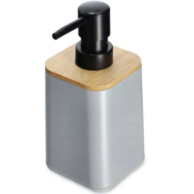 KADAX Dispensador de jabón con bomba, botella líquida con tapa de bambú, gris