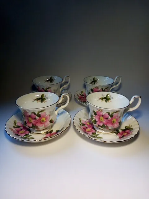 4 x Royal Albert 1962 Prairie Rose Bone China Tea Cups & Saucers