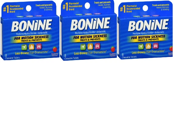 Bonine per Cinetosi Compresse Masticabili Gusto Lampone 8 ct -- CONFEZIONE DA 3