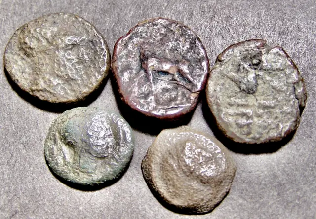 5 Greek Coins Lot, Ship's Prow, Bull, Horse, Deities, 14-18mm 4th-2nd Cent. BCE