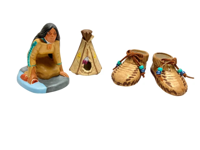 Vintage Southwest Ceramic Woman Teepee Moccasins Water Gatherer Set Signed