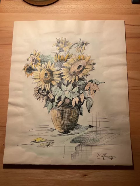 Vintage Sonnenblumen Bild signiert P.  Ansorge Aquarell? Tusche? Zeichnung