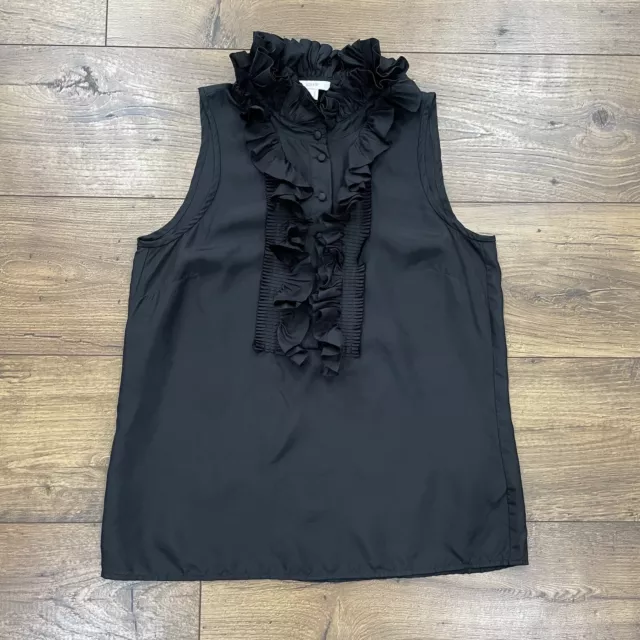 J Crew Top Womens 2 Black 100% Silk Ruffle Neck Sleeveless Blouse Shell Button