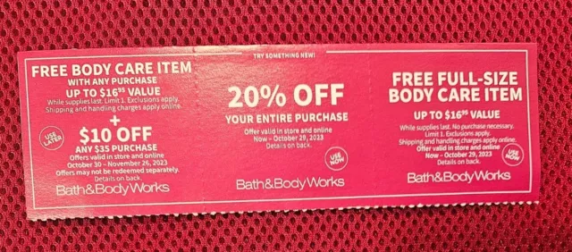 Bath & Body Works coupons $10 off $35, 20% off Entire, FULL-SIZE GIFT!! 10/29/23