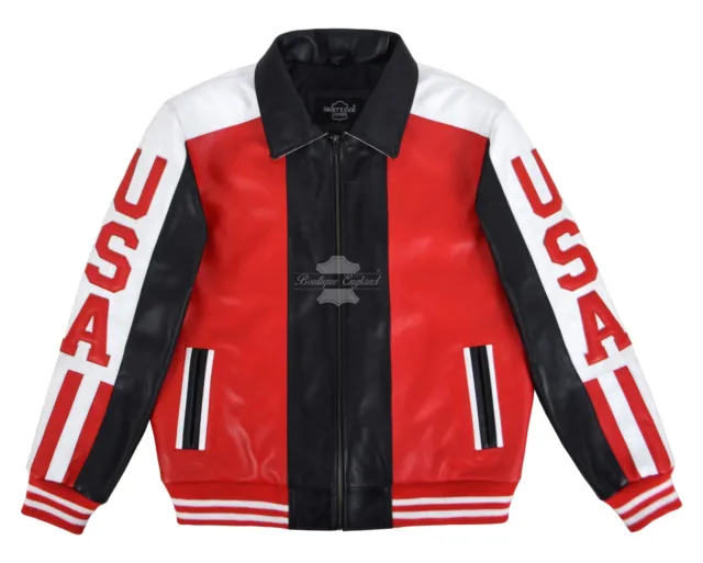 Mens USA American Flag 90's Bomber Vintage Leather Jacket Motorbike Style Jacket 2