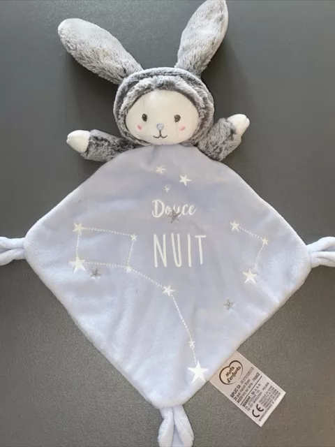 Doudou Plat MOTS D'ENFANTS Ours Déguisé en Lapin bleu Blanc Gris Douce Nuit