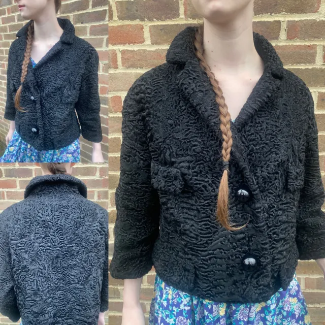 Vtg 1960s black curly persian lamb fur cropped jacket amazing buttons M 10 12 2